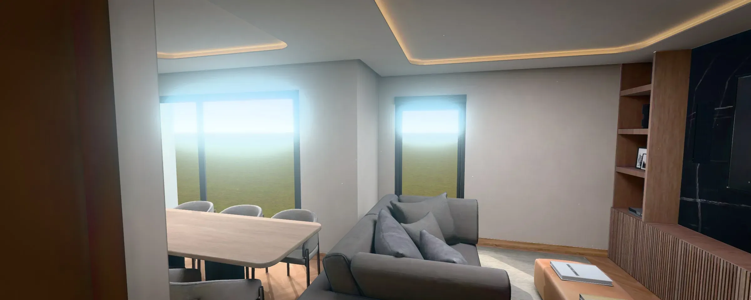 Living y comedor del departamento modelo