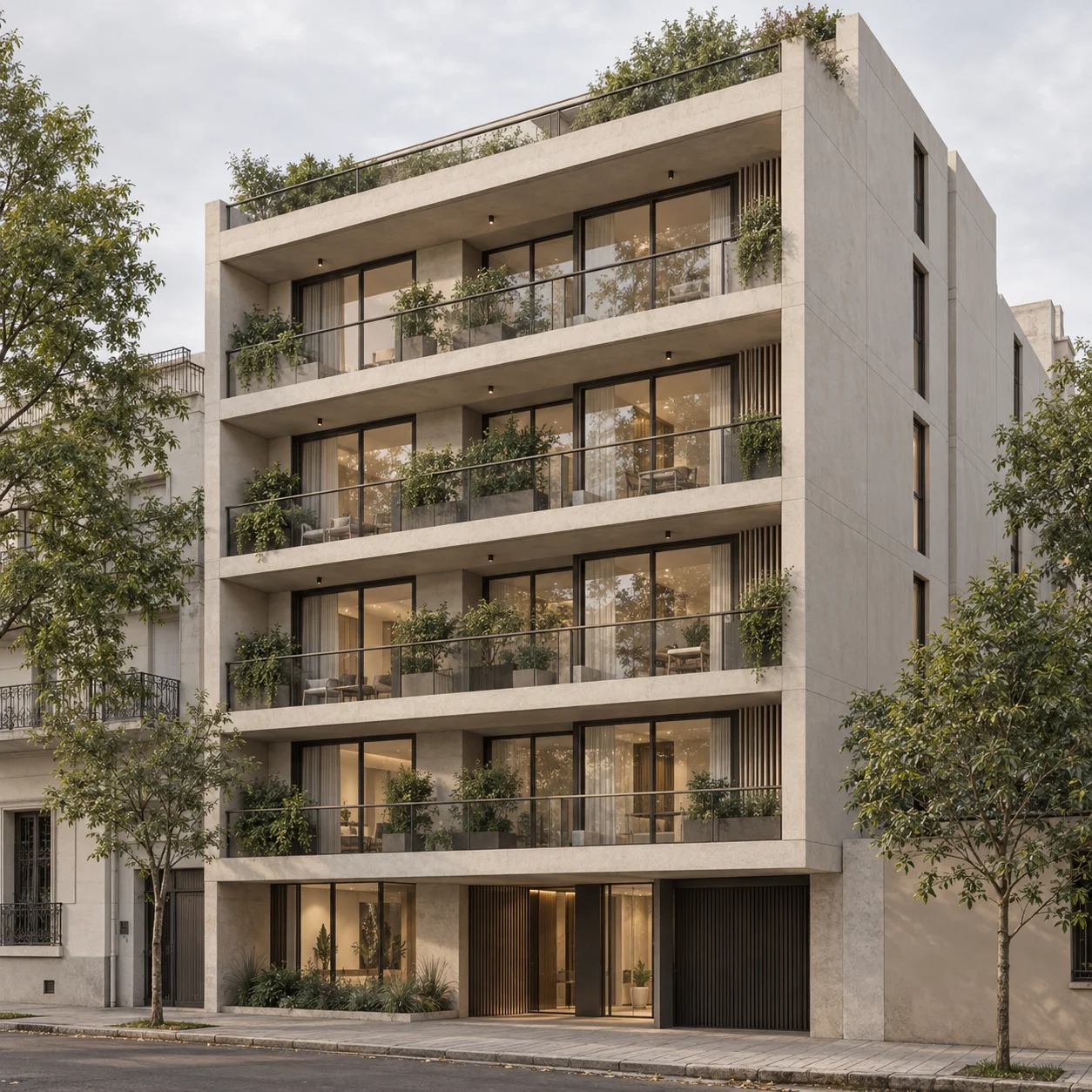 Visualización conceptual de un edificio residencial con balcones y acceso a nivel de calle